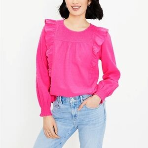Loft Clip Smocked Neon Pink Ruffle Blouse